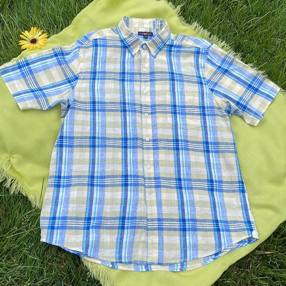 Charter Club Other - ☀️ CHARTER CLUB; Men’s Crisp Yellow/White/Blue Plaid Linen S/S Shirt Size Large!